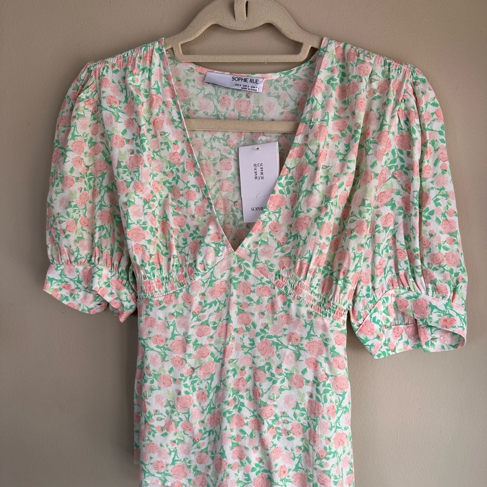 Sophie Rue Pink and Green Floral V-Neck tie blouse